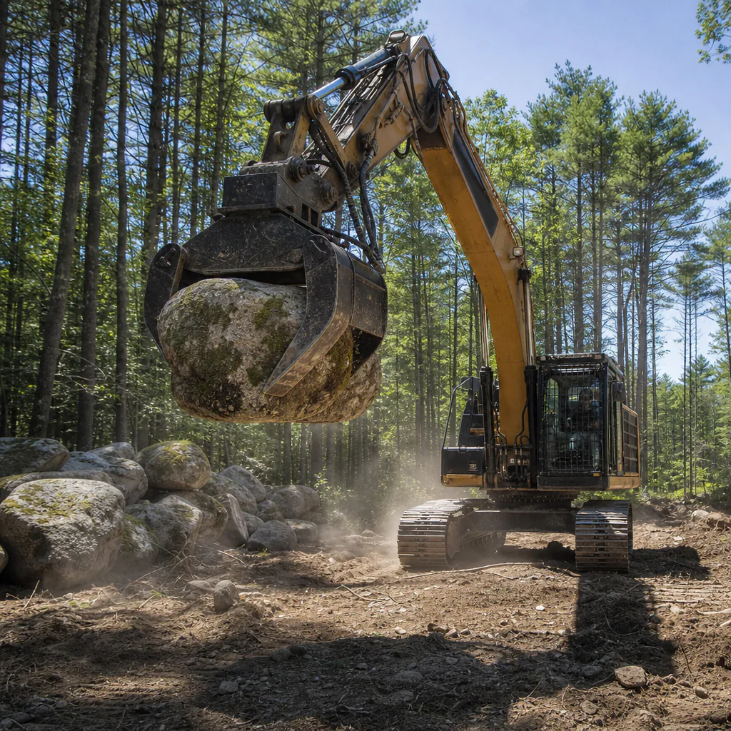 Excavator lifting a massive glacial granite boulder