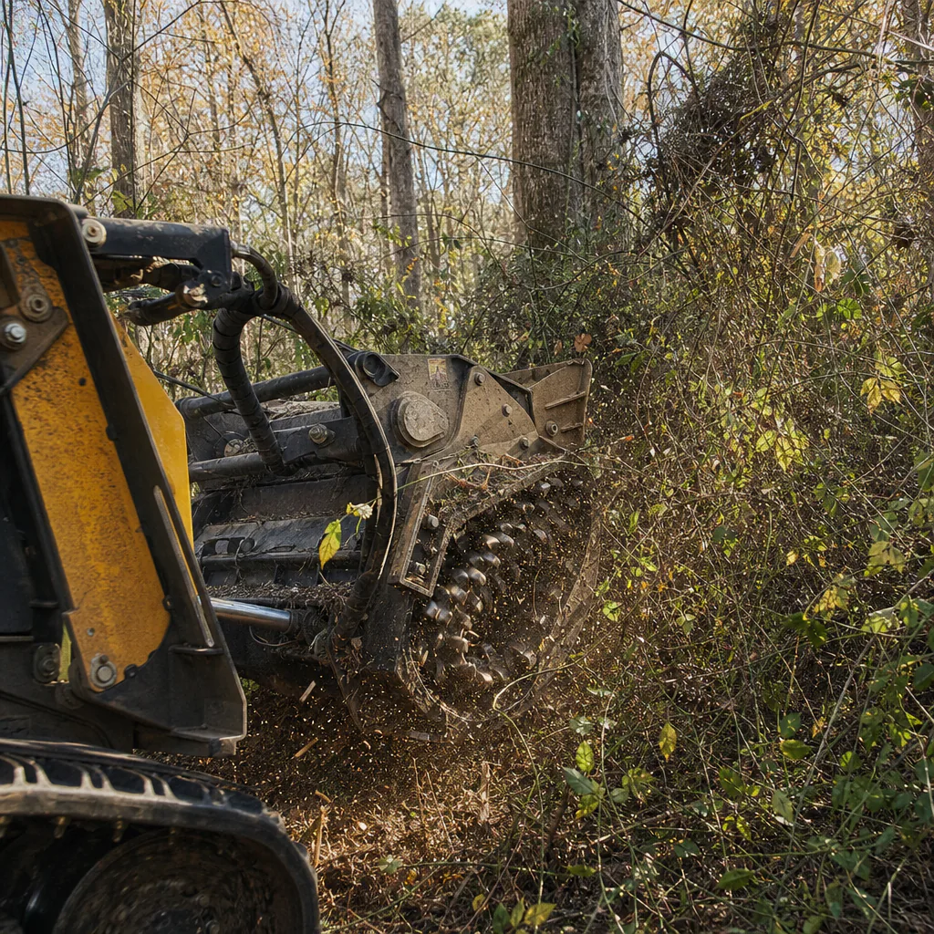 Forestry mulcher chewing through dense overgrown brush