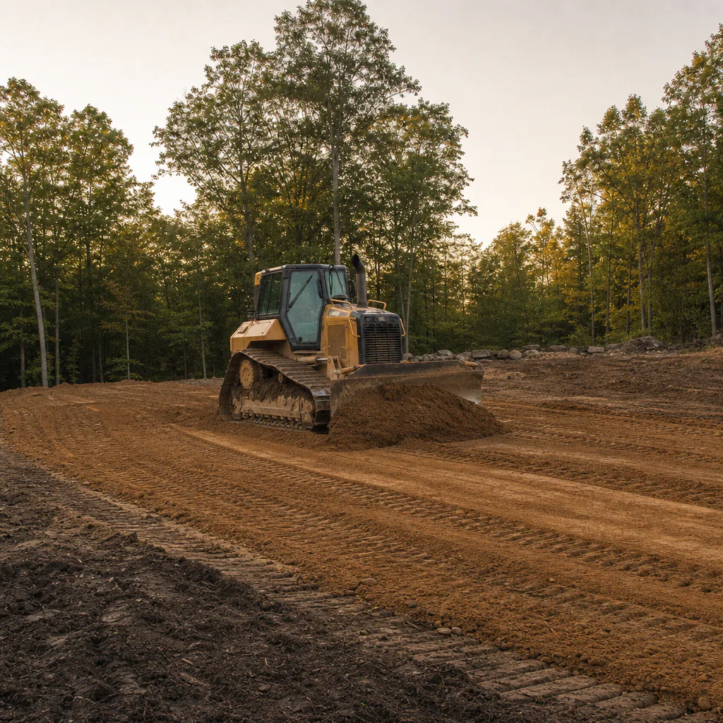 Bulldozer finish-grading a cleared homesite