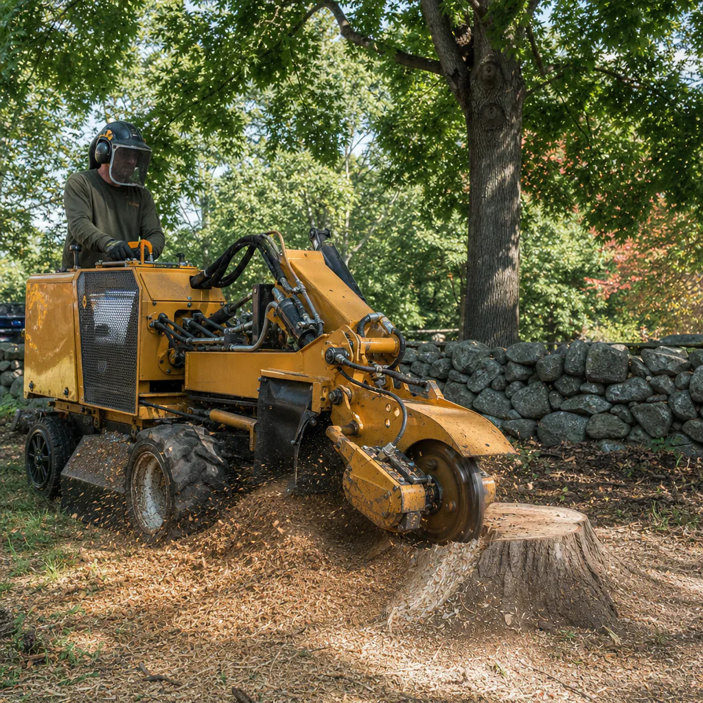 Self-propelled stump grinder reducing a hardwood stump