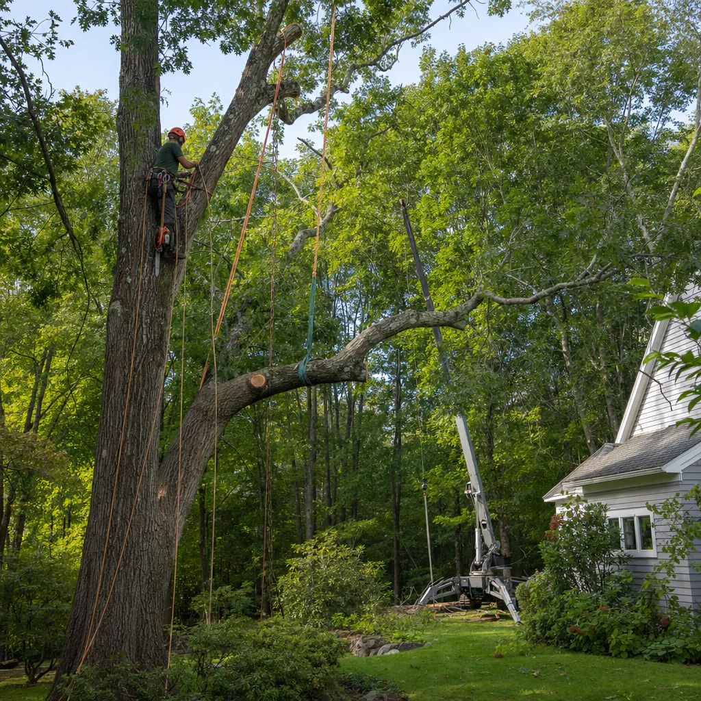 Climber roping down a large oak limb with crane support